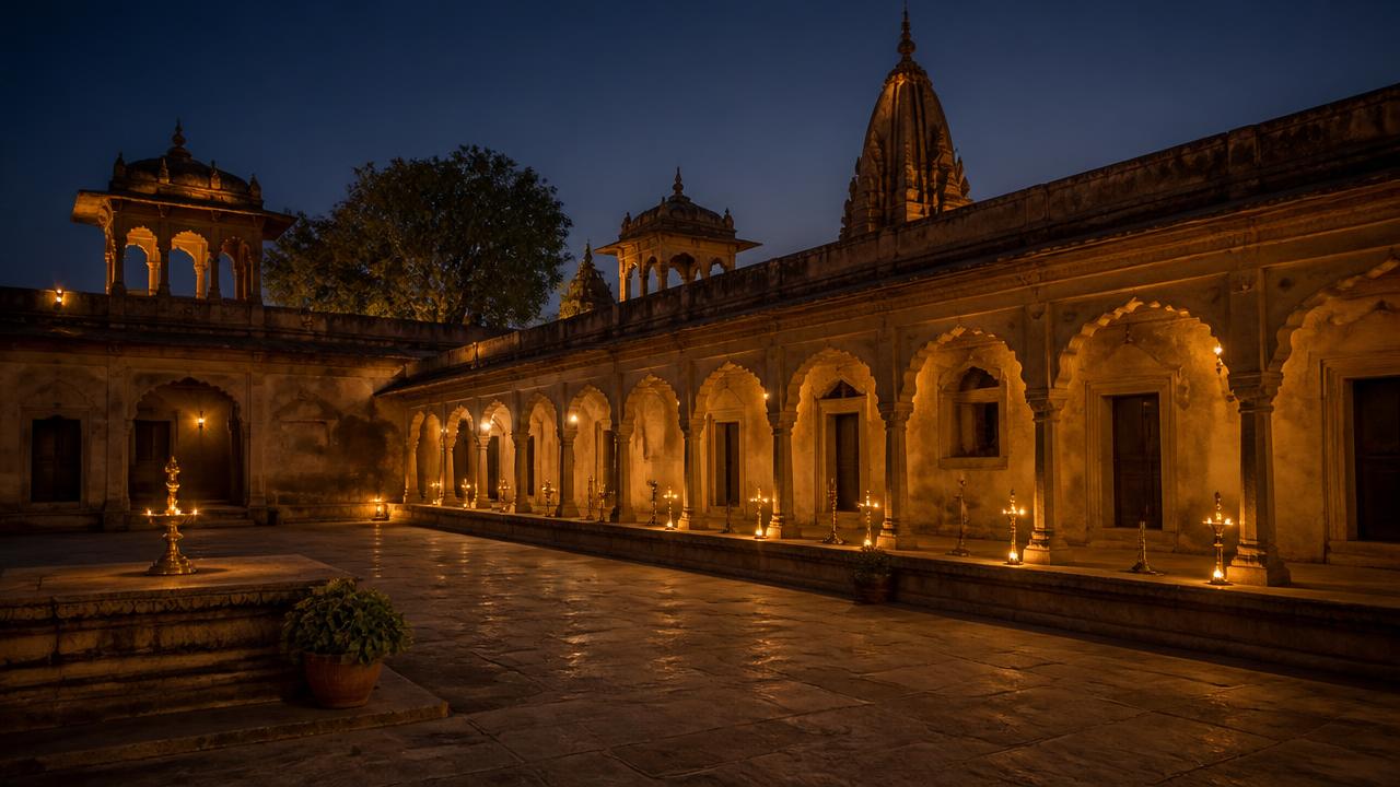 Brass lamps lit along a sandstone courtyard at dusk in old Ujjain